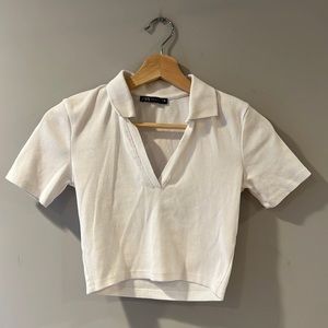 Zara white ribbed cropped polo shirt